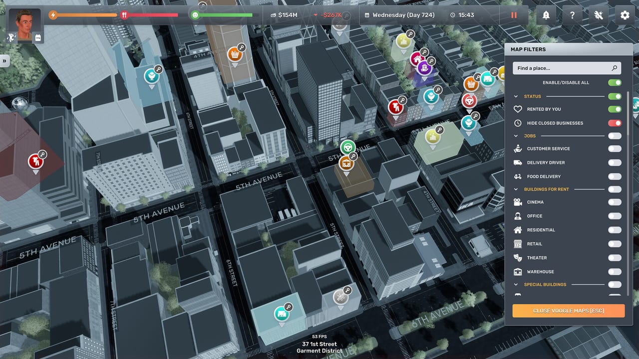 Big Ambitions New York map with HUD filters over Garment District blocks